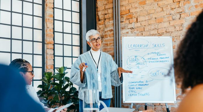 leader of the leaders presenting a strategy on leadership skills to engaged, diverse colleagues in a fresh and innovative office setting.