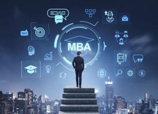 A businessman standing on stairs looking at MBA profile and icons, city skyline background, concept of education advancement
