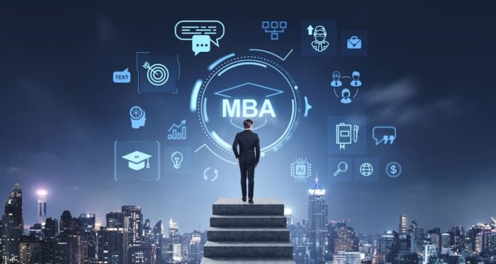 A businessman standing on stairs looking at MBA profile and icons, city skyline background, concept of education advancement