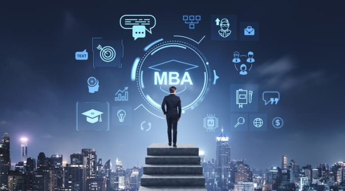 How to Strengthen Your MBA Profile A businessman standing on stairs looking at MBA profile and icons, city skyline background, concept of education advancement