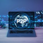 Laptop showing holographic globe with P2P text, digital light effects, on wooden desk in office