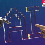 Robot and human hands are touching AI transparent letters