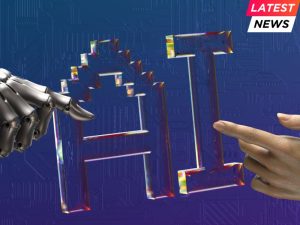 Robot and human hands are touching AI transparent letters