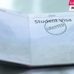 Student visa granted, seal stamped in passport, customs office, travelling