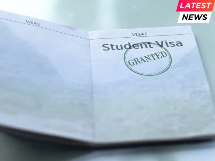 Student visa granted, seal stamped in passport, customs office, travelling
