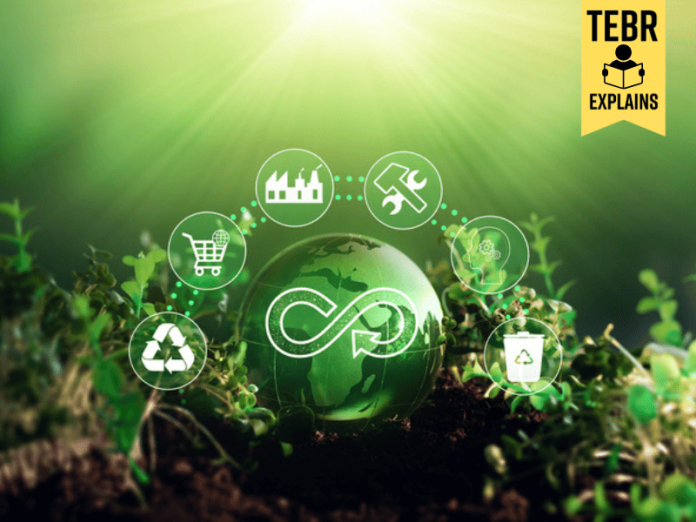 Circular economy concept. Sharing, reusing,repairing,renovating and recycling existing materials and products as much possible.