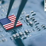 US Policy on the AI Chips Industry: The Case of NVIDIA and HUAWEI in the Global Market Flag of USA AI chip on a processor, CPU Central processing Unit or GPU microchip on a motherboard.