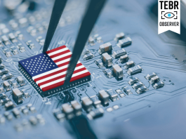 US Policy on the AI Chips Industry: The Case of NVIDIA and HUAWEI in the Global Market Flag of USA AI chip on a processor, CPU Central processing Unit or GPU microchip on a motherboard.