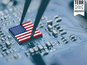 Flag of USA AI chip on a processor, CPU Central processing Unit or GPU microchip on a motherboard.