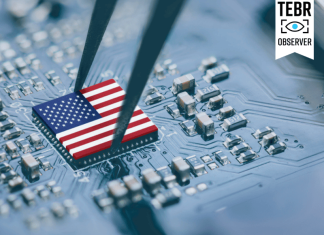 Flag of USA AI chip on a processor, CPU Central processing Unit or GPU microchip on a motherboard.