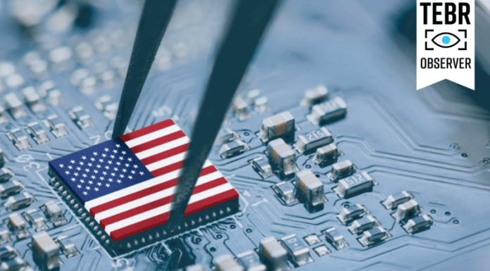 US Policy on the AI Chips Industry: The Case of NVIDIA and HUAWEI in the Global Market Flag of USA AI chip on a processor, CPU Central processing Unit or GPU microchip on a motherboard.