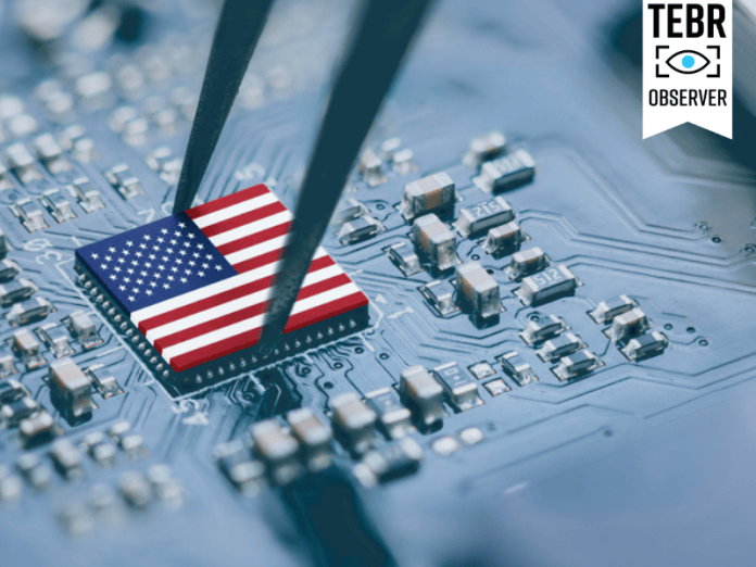Flag of USA AI chip on a processor, CPU Central processing Unit or GPU microchip on a motherboard.