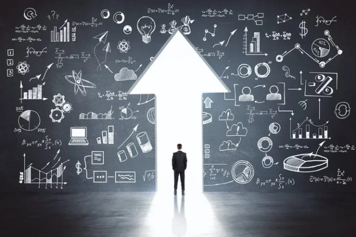 Business idea sketch and businessman in arrow exit