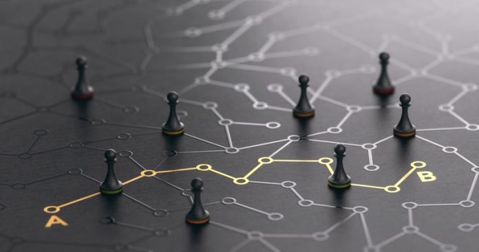 3D illustration of a conceptual maze. Shortcut between points A and B or finding the shortest path concept.