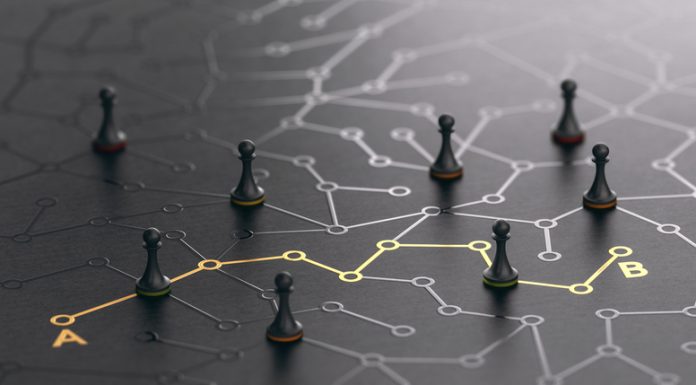 3D illustration of a conceptual maze. Shortcut between points A and B or finding the shortest path concept.