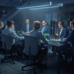 In the Modern Corporate Meeting Room: Diverse Group of Businesspeople, Private investigators, Lawyers, Executives and Directors Talking