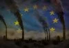 dense smoke from industry pipes for decarbonization on European Union flag