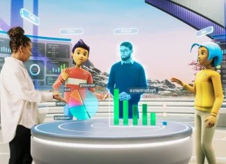 The Future of Video Marketing: Creating AI Avatars That Sell for You Real Female Manager Standing Next to Two Avatars of Colleagues, and a Hologram of Another Specialist.