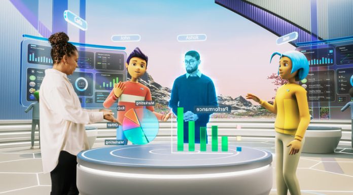 Real Female Manager Standing Next to Two Avatars of Colleagues, and a Hologram of Another Specialist.