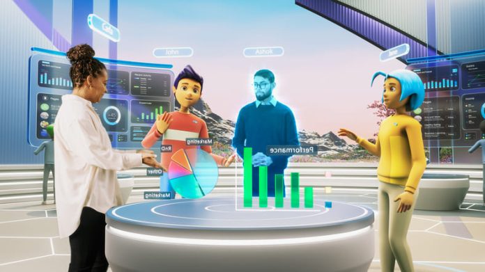 Real Female Manager Standing Next to Two Avatars of Colleagues, and a Hologram of Another Specialist.