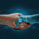 Amna Khan on Embracing Artificial Intelligence in the World of M&A Amna Khan on Humans shake hands with AI to show partnership.