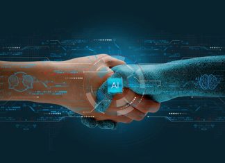 Amna Khan on Humans shake hands with AI to show partnership.
