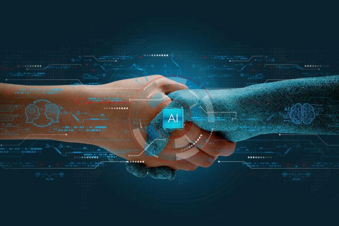 Amna Khan on Humans shake hands with AI to show partnership.