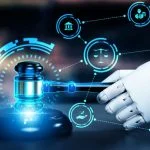 AI related law concept shown by robot hand using lawyer working tools in lawyers office with legal astute icons depicting artificial intelligence law and online technology of legal law regulations