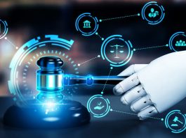 AI related law concept shown by robot hand using lawyer working tools in lawyers office with legal astute icons depicting artificial intelligence law and online technology of legal law regulations