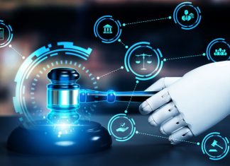 Between Brussels and Westminster: Navigating AI Regulations AI related law concept shown by robot hand using lawyer working tools in lawyers office with legal astute icons depicting artificial intelligence law and online technology of legal law regulations