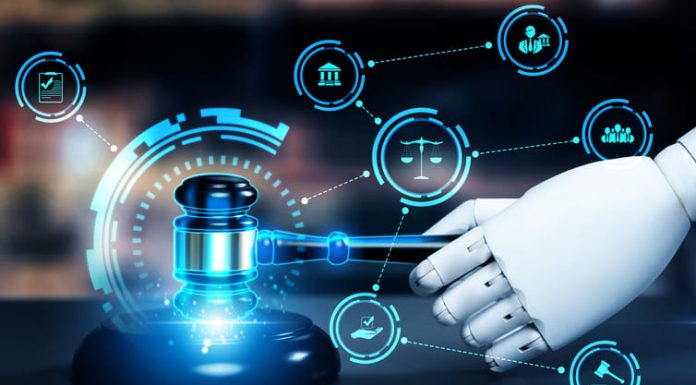 AI related law concept shown by robot hand using lawyer working tools in lawyers office with legal astute icons depicting artificial intelligence law and online technology of legal law regulations