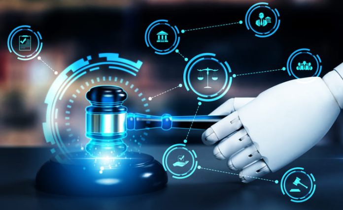 iStock-1491432797 (1) AI related law concept shown by robot hand using lawyer working tools in lawyers office with legal astute icons depicting artificial intelligence law and online technology of legal law regulations