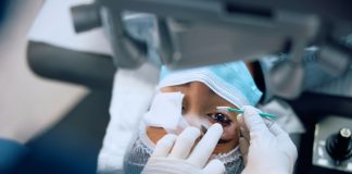 Close up of female patient having laser surgery at eye clinic.