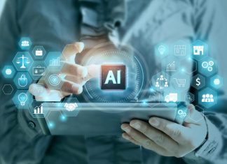 Business executive uses artificial intelligence to manage marketing and scaling with artificial intelligence. Business development system with ai.