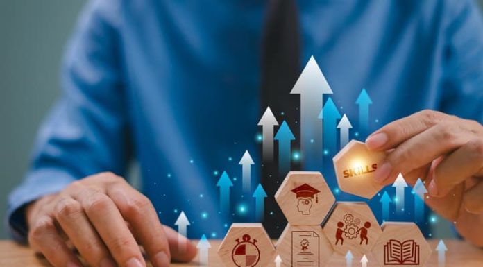 Three Areas in Which to Upskill Staff to Work Alongside AI Skill development concept. Up new ability Upskill training for technology evolution.