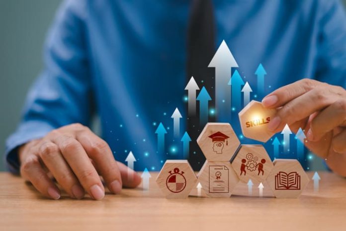 Skill development concept. Up new ability Upskill training for technology evolution.