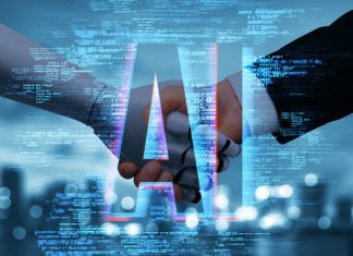 Robotic and human handshake symbolizing AI collaboration, AI-ready, futuristic digital background,