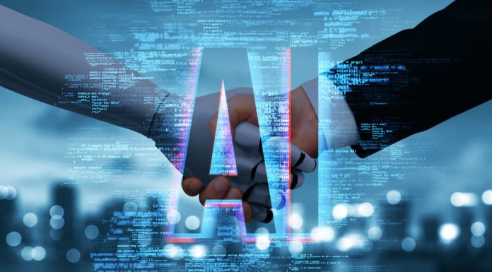 Robotic and human handshake symbolizing AI collaboration, AI-ready, futuristic digital background,