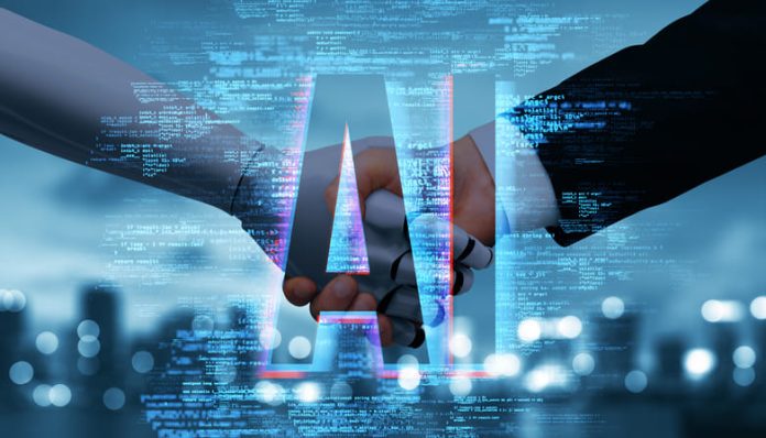 Robotic and human handshake symbolizing AI collaboration, AI-ready, futuristic digital background,