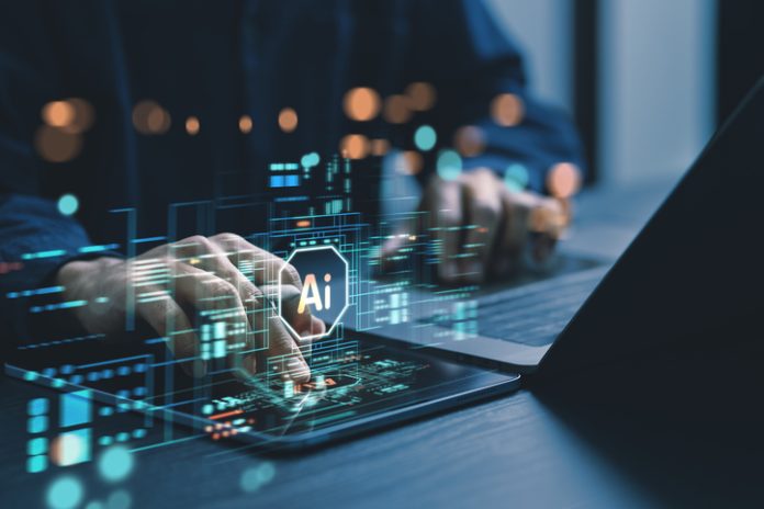 Humans are using laptops and computers to interact with AI, helping them create, code, train AI, or analyze big data with fast, cutting-edge technology. AI Development