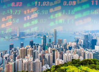 Abstract Hongkong financial market. Concept of new silk road from Hongkong to Europe