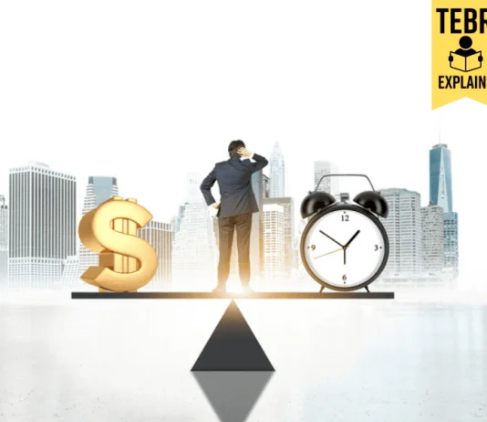 man choosing between money and time. Opportunity cost concept