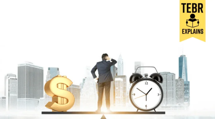 man choosing between money and time. Opportunity cost concept