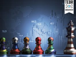 Geopolitical and Economic Turmoil Impact on the Stock Market Brazil Russia India China and South Africa flag print screen Geopolitical on pawn chess against with USA king chess and stock market graph for BRICS economic international cooperation and challenge