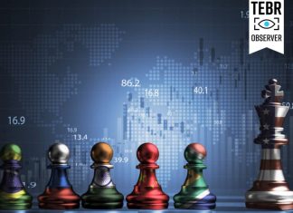 Brazil Russia India China and South Africa flag print screen Geopolitical on pawn chess against with USA king chess and stock market graph for BRICS economic international cooperation and challenge