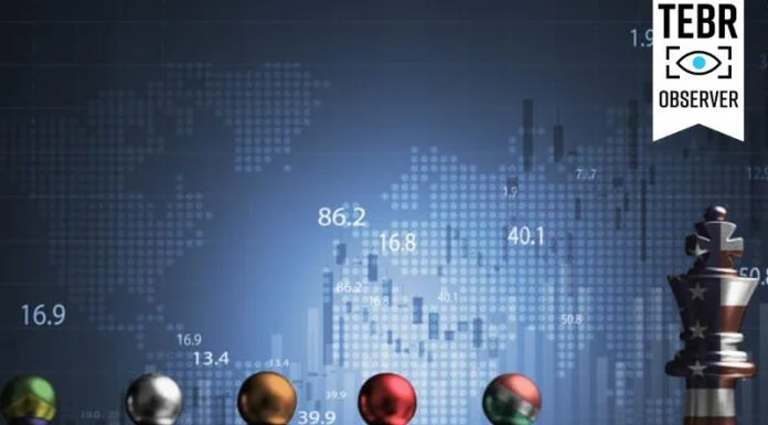 Brazil Russia India China and South Africa flag print screen Geopolitical on pawn chess against with USA king chess and stock market graph for BRICS economic international cooperation and challenge
