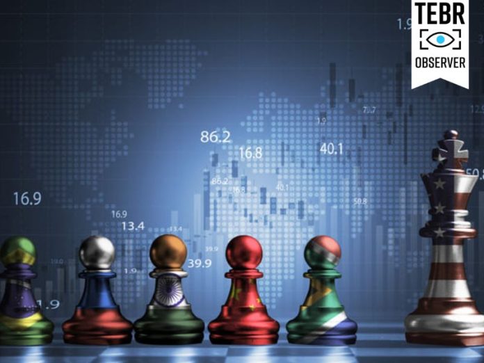 Brazil Russia India China and South Africa flag print screen Geopolitical on pawn chess against with USA king chess and stock market graph for BRICS economic international cooperation and challenge