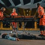 Emergency Care Assistants Arrived on the Scene of a Traffic Car Accident on a Street at Night.