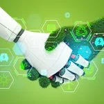 Robot hand and nature handshake. Eco hud with diverse icons. Ecosystem and digital technology. CAIO & CSO collaboration.