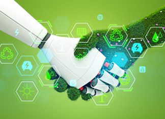 Robot hand and nature handshake. Eco hud with diverse icons. Ecosystem and digital technology. CAIO & CSO collaboration.